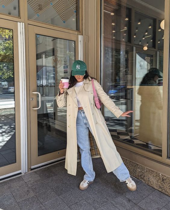 Relaxed Khaki Trench with Denim and Sneakers